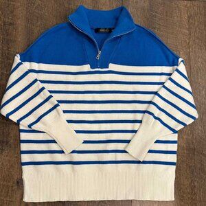 Zesica White and Blue Striped Quareter Zip Oversized Sweater - women's small